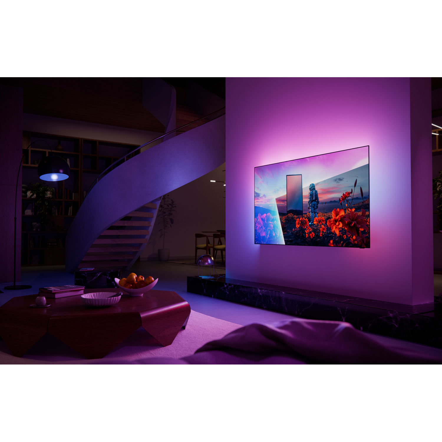 A living room with a spiral staircase and a wall TV displaying an astronaut image.