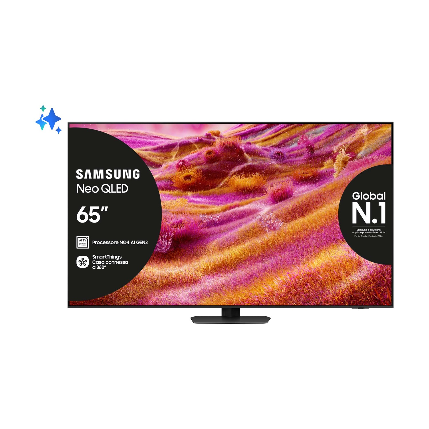 Un TV Samsung Neo QLED da 65 pollici con processore AI TV e SmartThings.