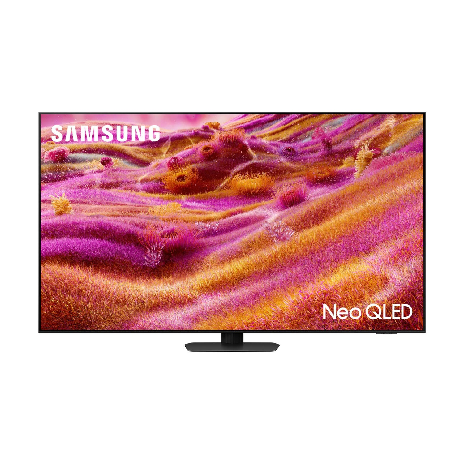 TV Samsung Neo QLED con display astratto vibrante e supporto nero.