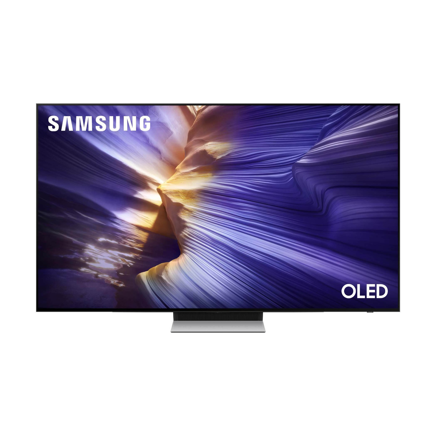 Una TV Samsung OLED che visualizza un'immagine astratta sullo schermo.