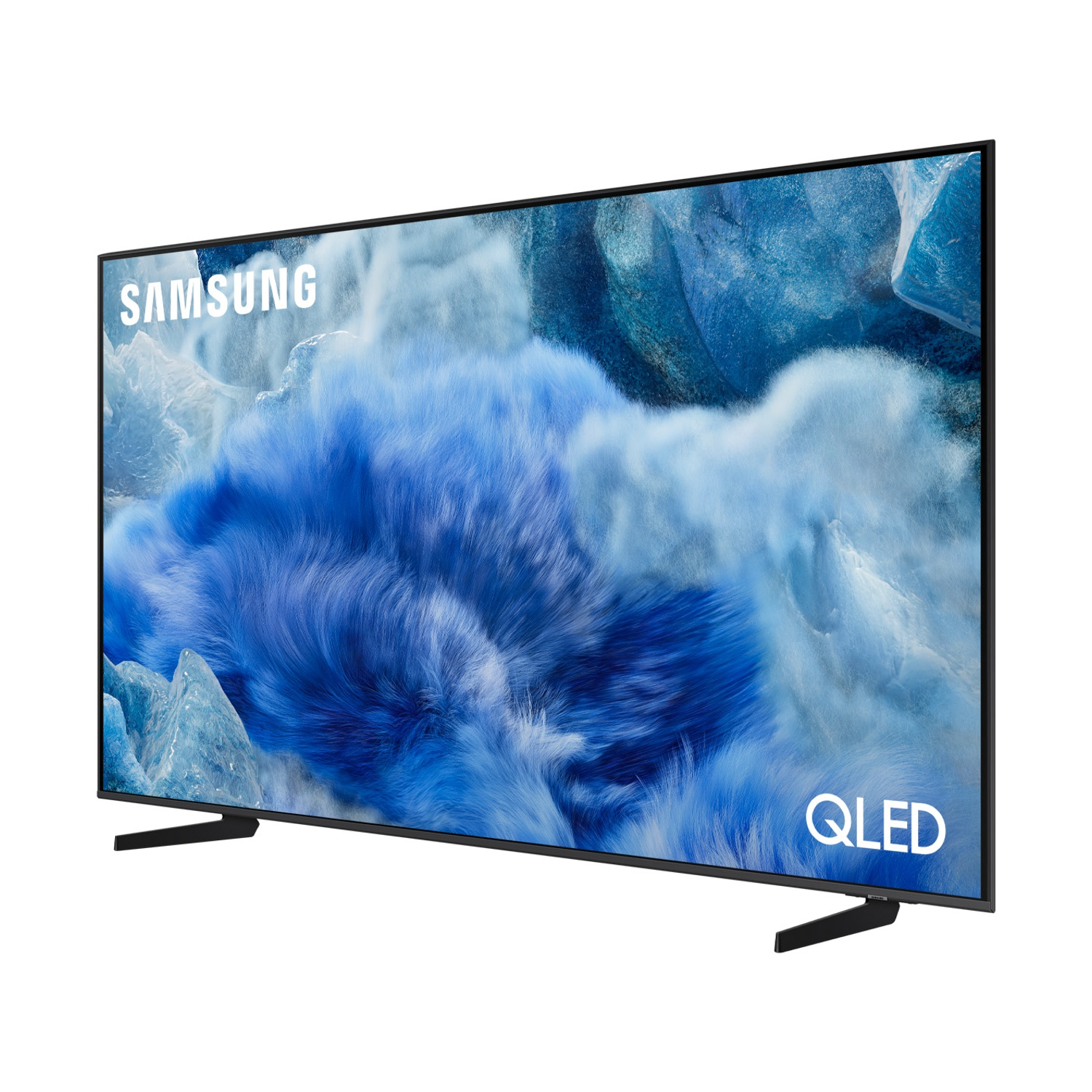 TV Samsung QLED con sfondo blu astratto e ghiacciato. Supporto minimalista.