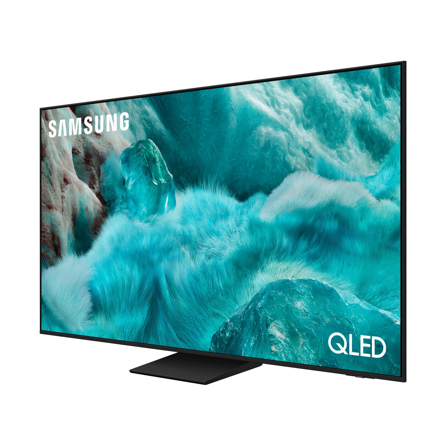 TV Samsung QLED con supporto nero elegante, che mostra immagini astratte blu e bianche.