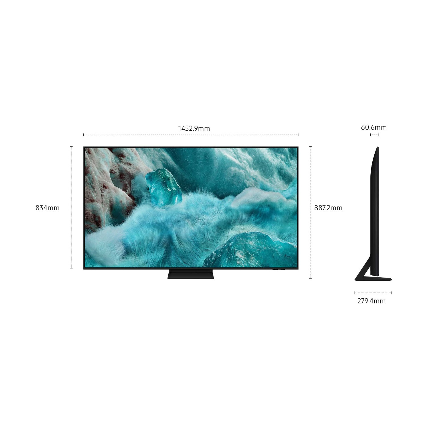 Una TV sottile con un salvaschermo di paesaggio di ghiaccio blu. Dimensioni mostrate.