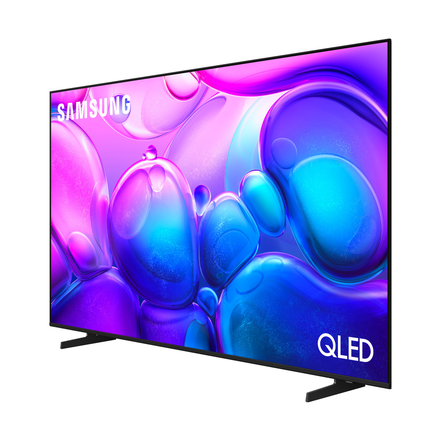 Una TV Samsung QLED con uno sfondo astratto di bolle blu e rosa.