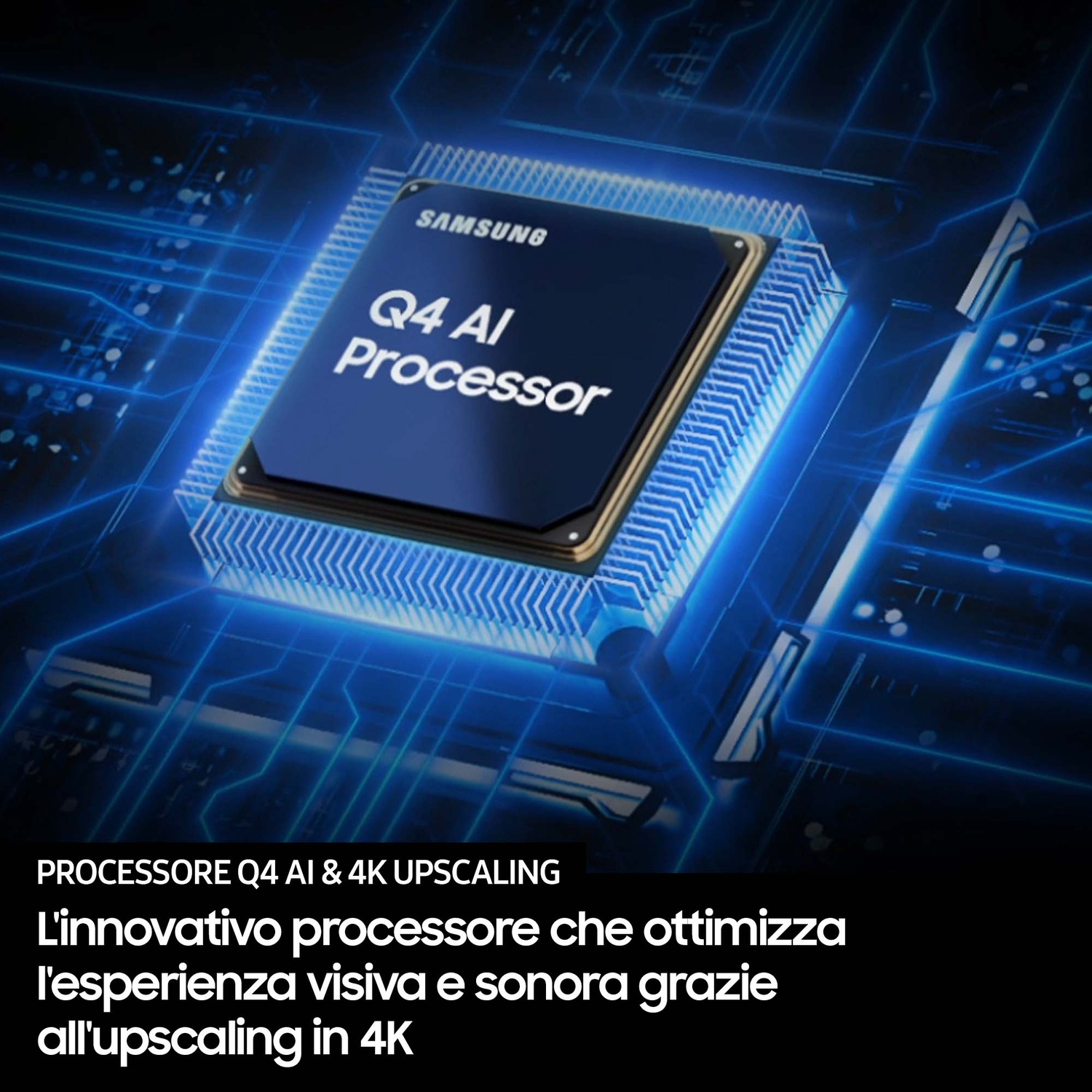 Un processore Samsung Q4 AI con circuiti blu.