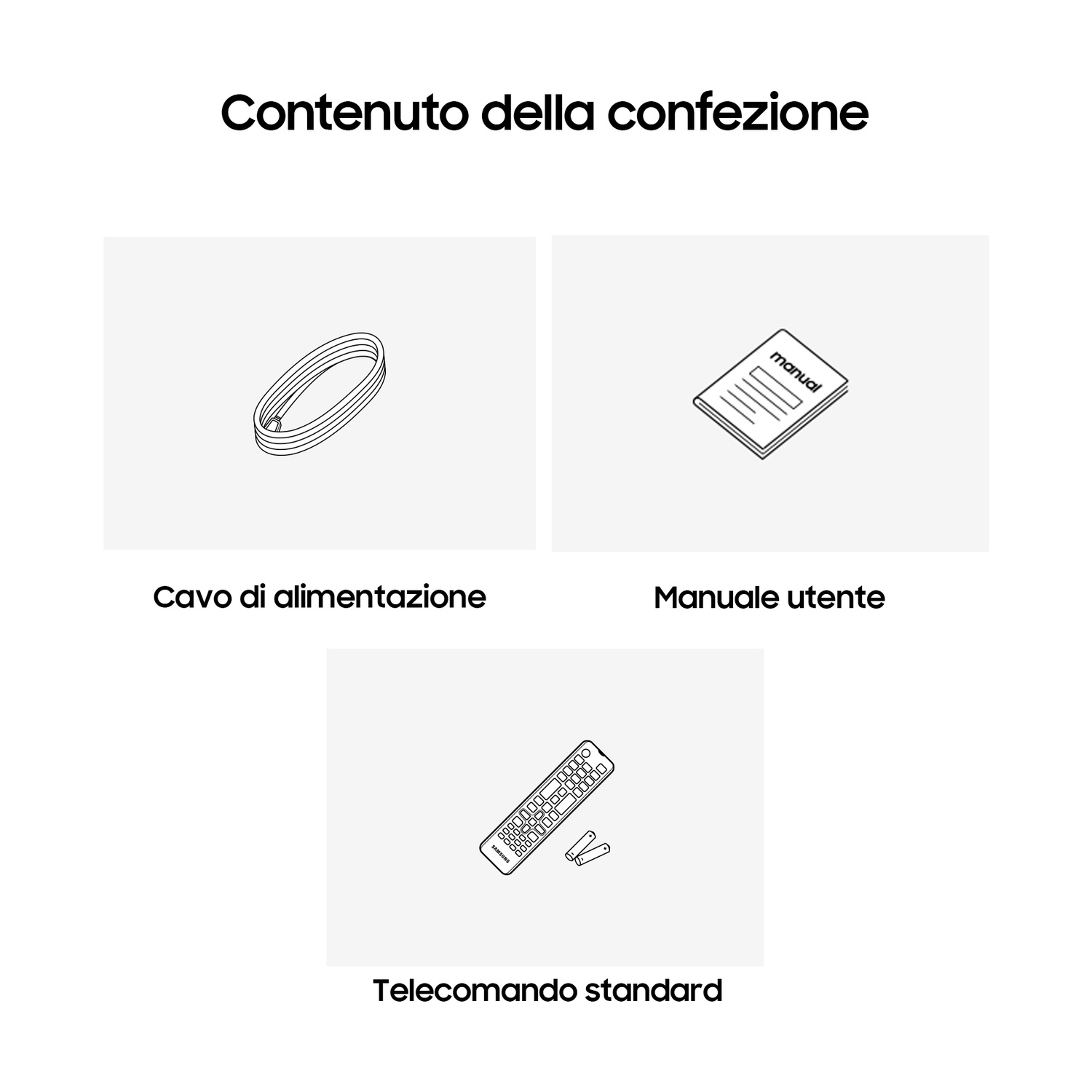 Contenuto della confezione: Cavo di alimentazione, manuale, telecomando e batterie.