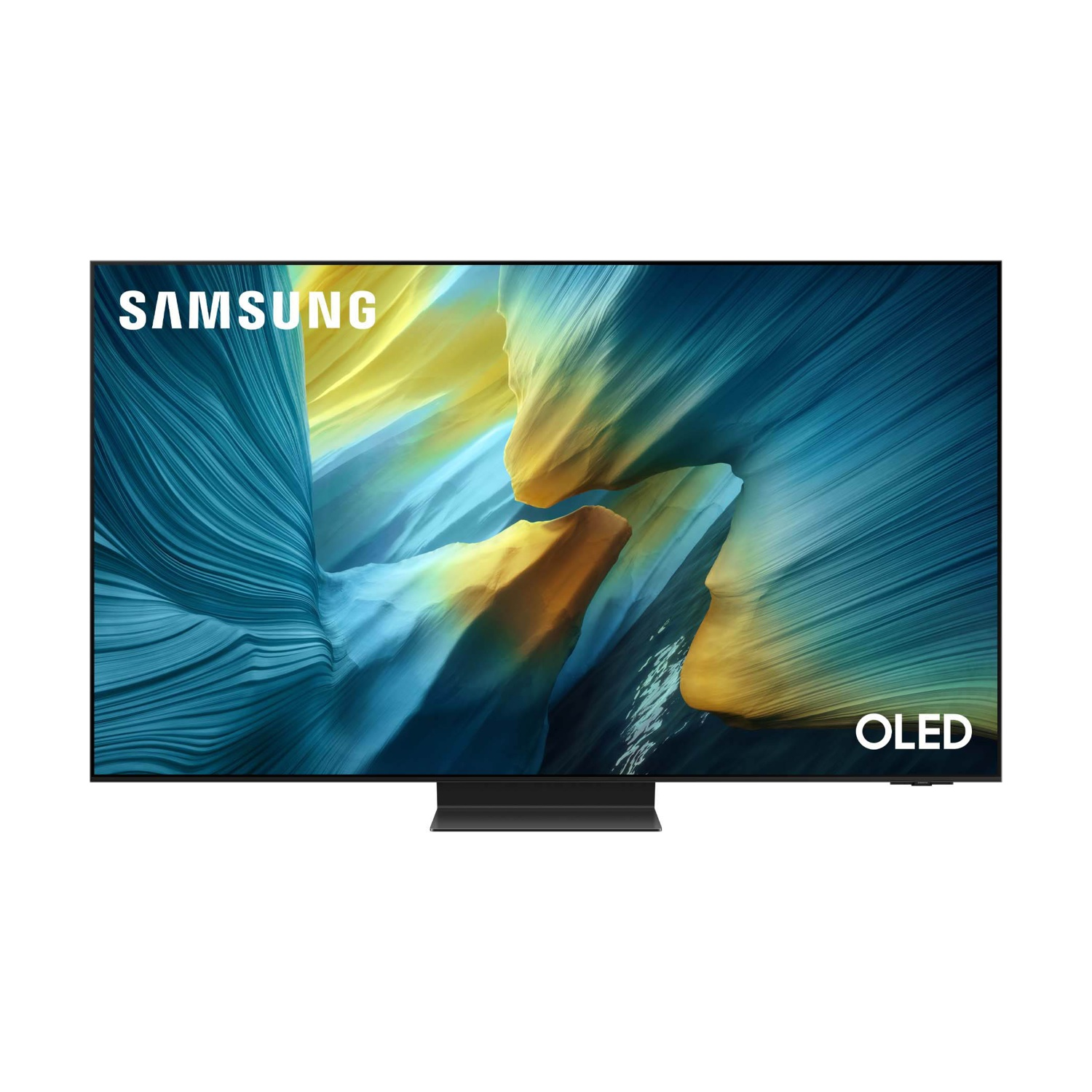 Una TV Samsung OLED che visualizza un'immagine astratta blu e gialla sullo schermo.