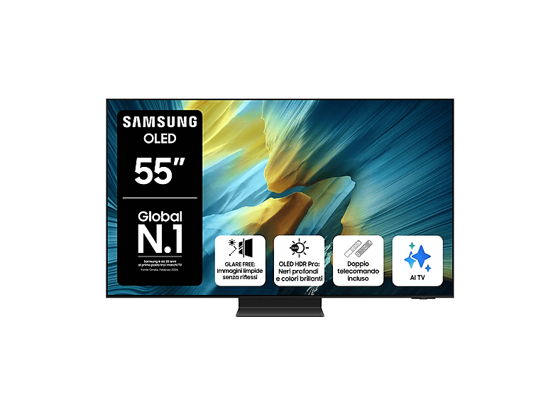 SAMSUNG QE55S95FATXZT, Smart TV OLED 55'', Vision AI, 4K, Processore NQ4 AI Gen3, 4K Upscaling Pro, Glare Free, HDR Dolby Atmos & OTS+, Infinity One Design
