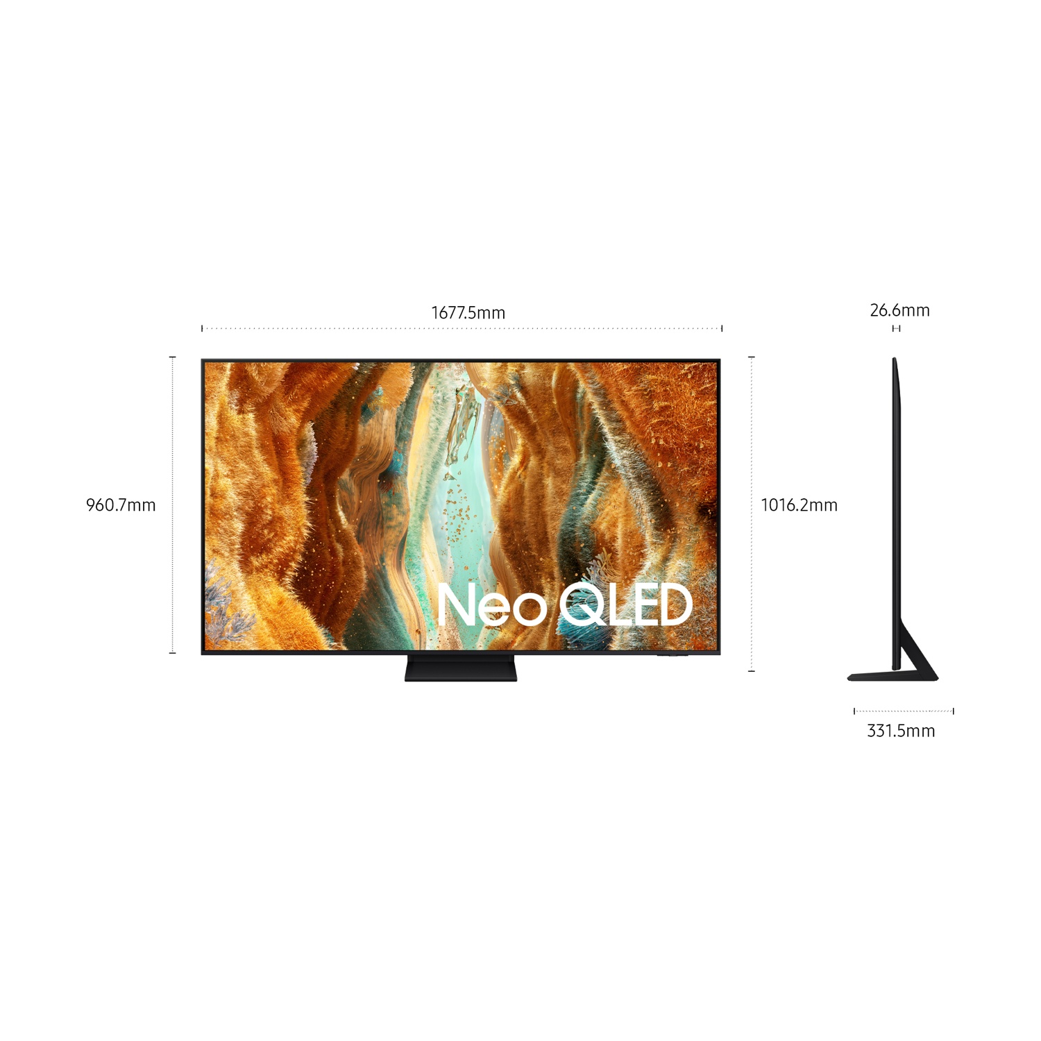 Una TV Neo QLED con dimensioni e profilo laterale. Larga 167,7 cm.