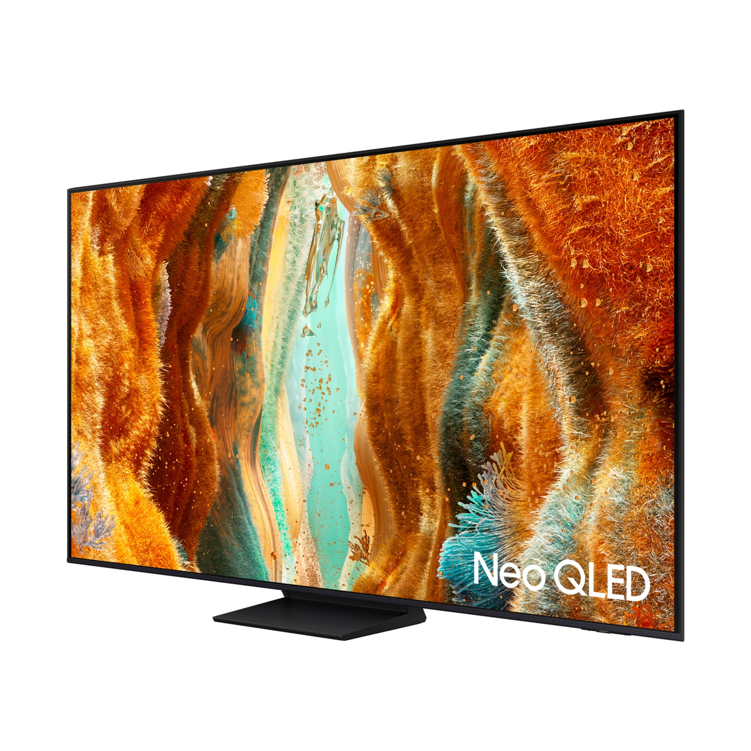 Una moderna TV nera con immagine astratta e testo 'Neo QLED'.