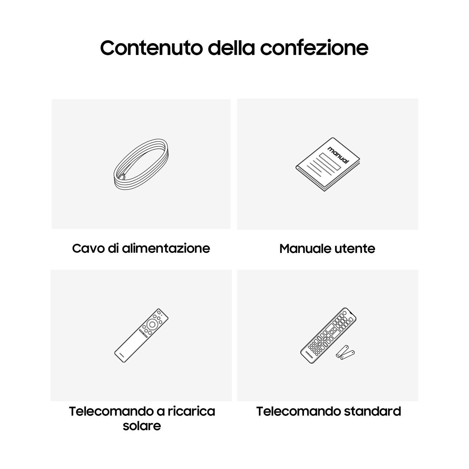 Contenuto della confezione: cavo alimentazione, manuale, telecomando solare, telecomando standard con batterie.