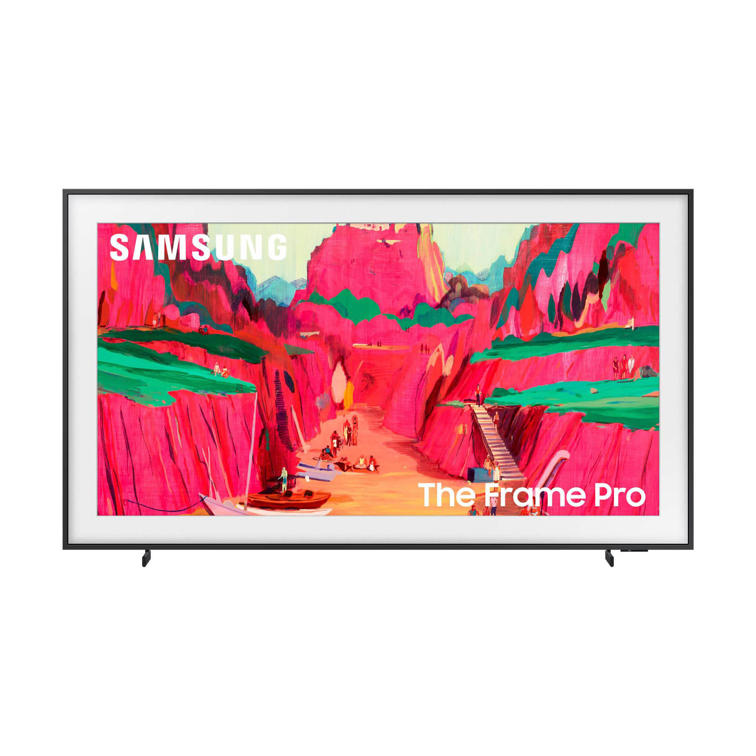 Una TV Samsung mostra un'opera d'arte vivace con scogliere rosa e vegetazione verde.