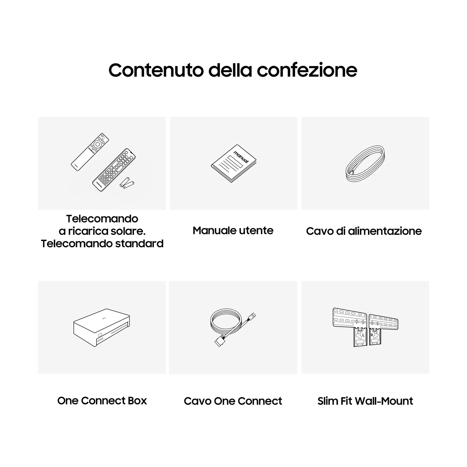 Contenuto della confezione: telecomando solare, telecomando standard, manuale, cavo alimentazione.
