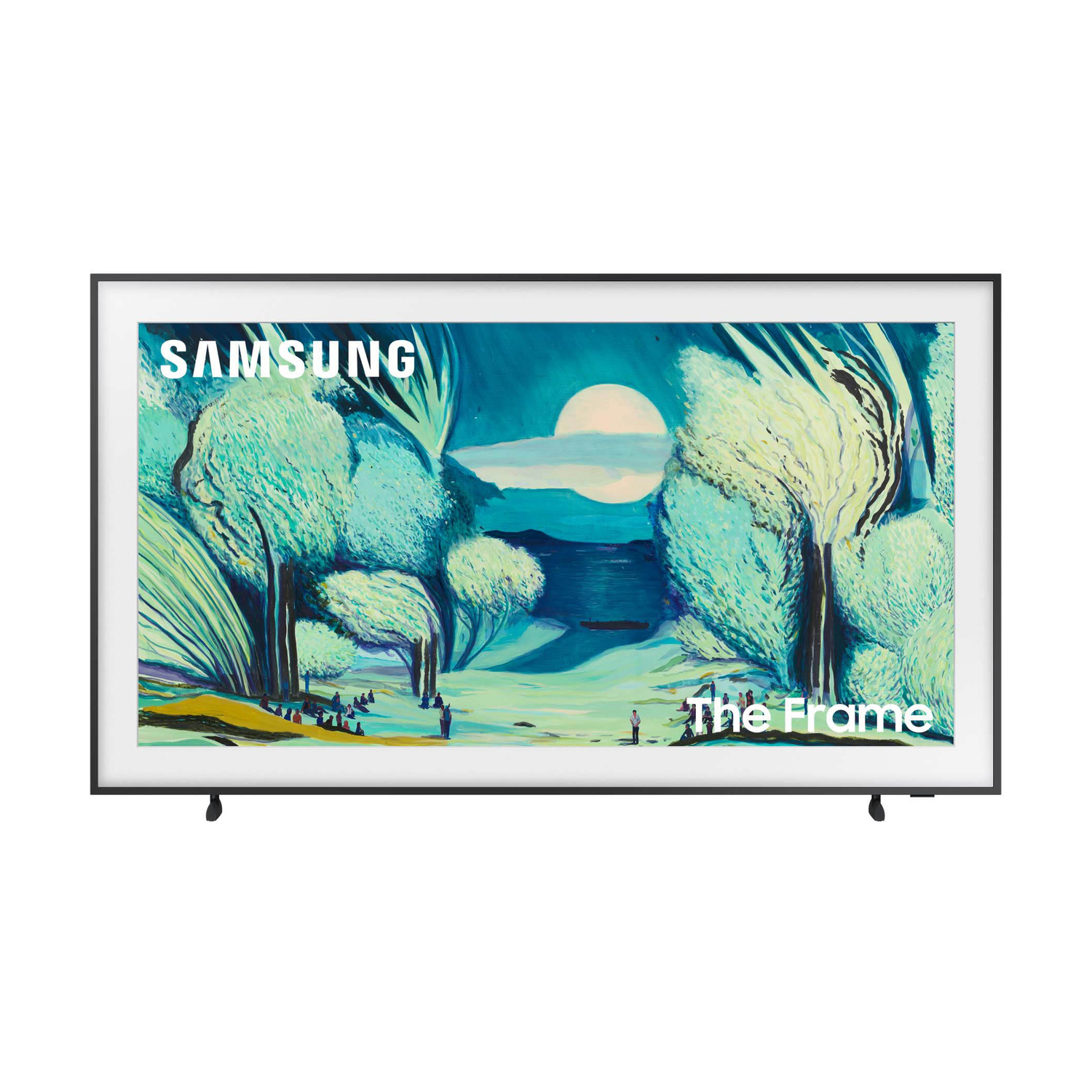 Una TV Samsung The Frame mostra un dipinto di alberi, luna e persone.