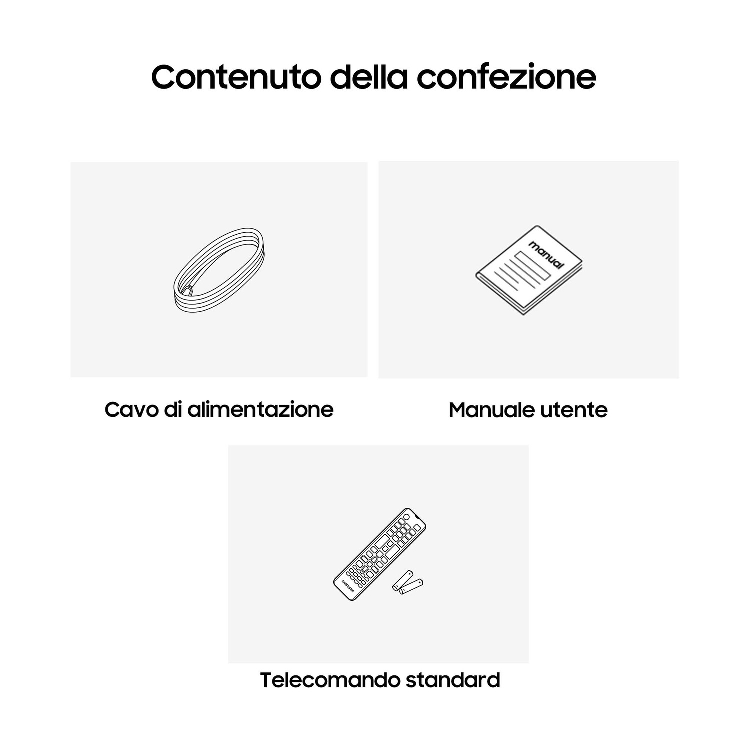 Contenuto della confezione: Cavo di alimentazione, manuale utente e telecomando con batterie.
