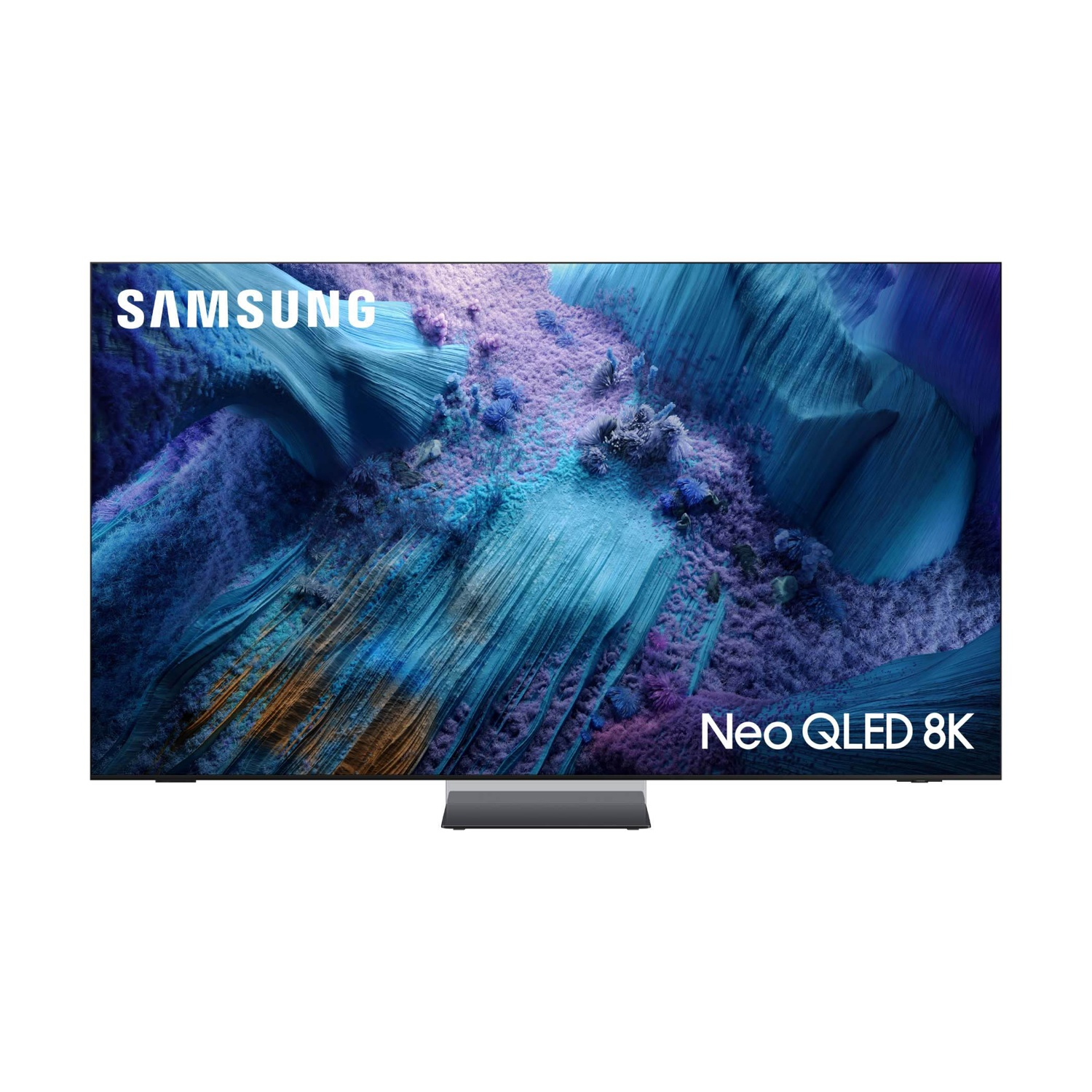 TV Samsung Neo QLED 8K con immagine astratta blu e viola sullo schermo.