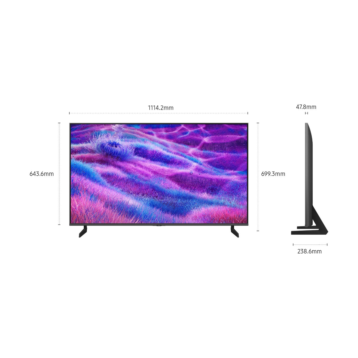 Una TV moderna con un'immagine astratta e colorata, con le sue dimensioni.
