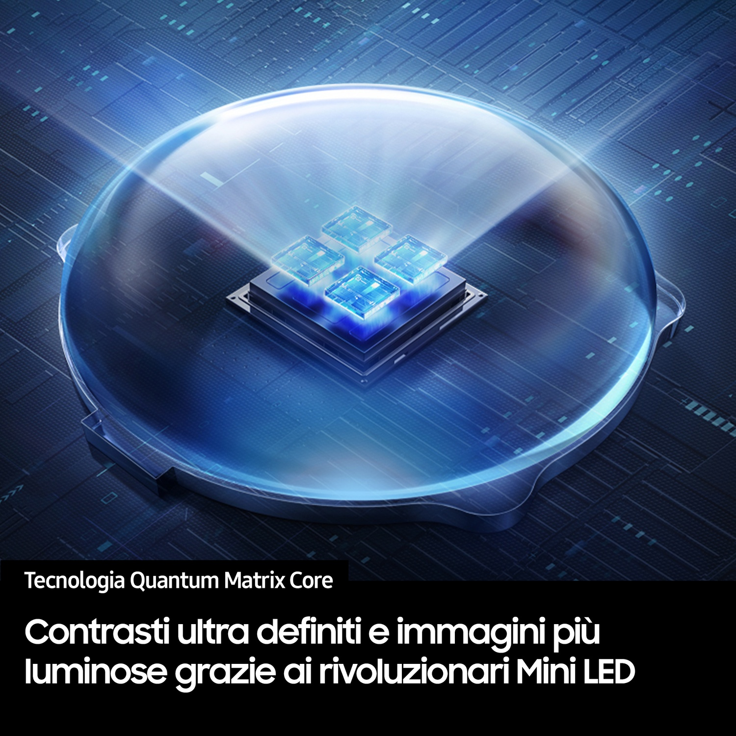 Circuito stampato blu astratto con quadrati luminosi sotto una cupola di vetro.