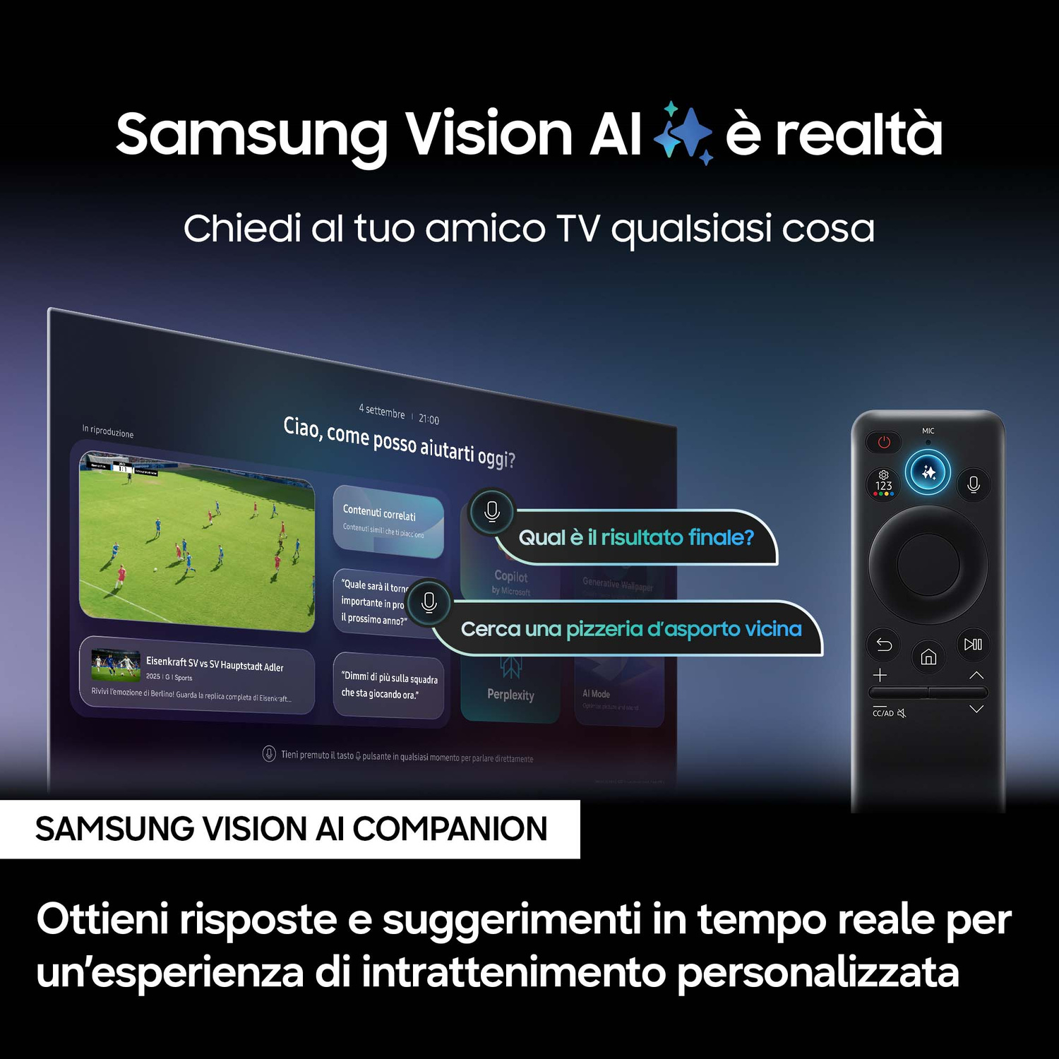 Samsung Vision AI: Telecomando TV mostra partita di calcio e domande AI.