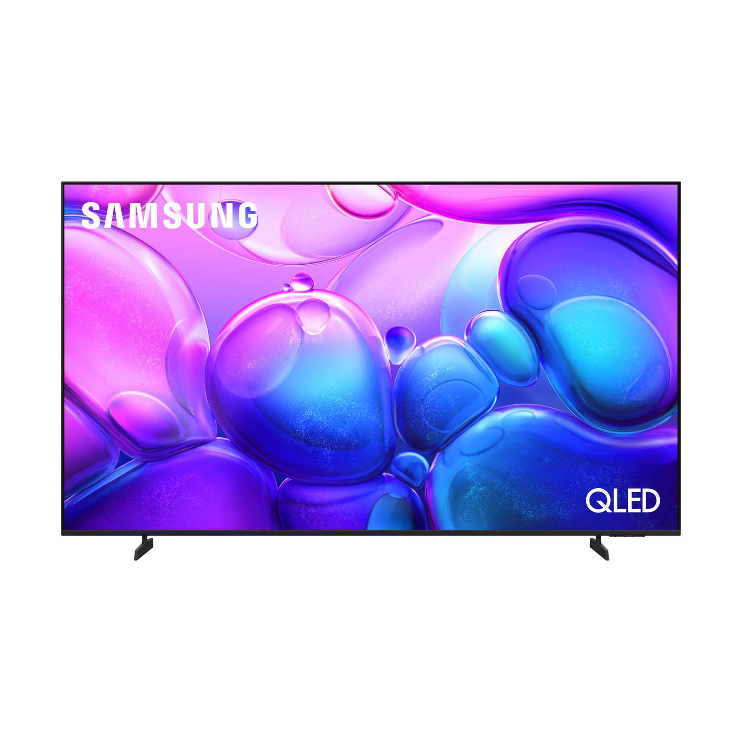 Una TV Samsung QLED con uno sfondo colorato di bolle.