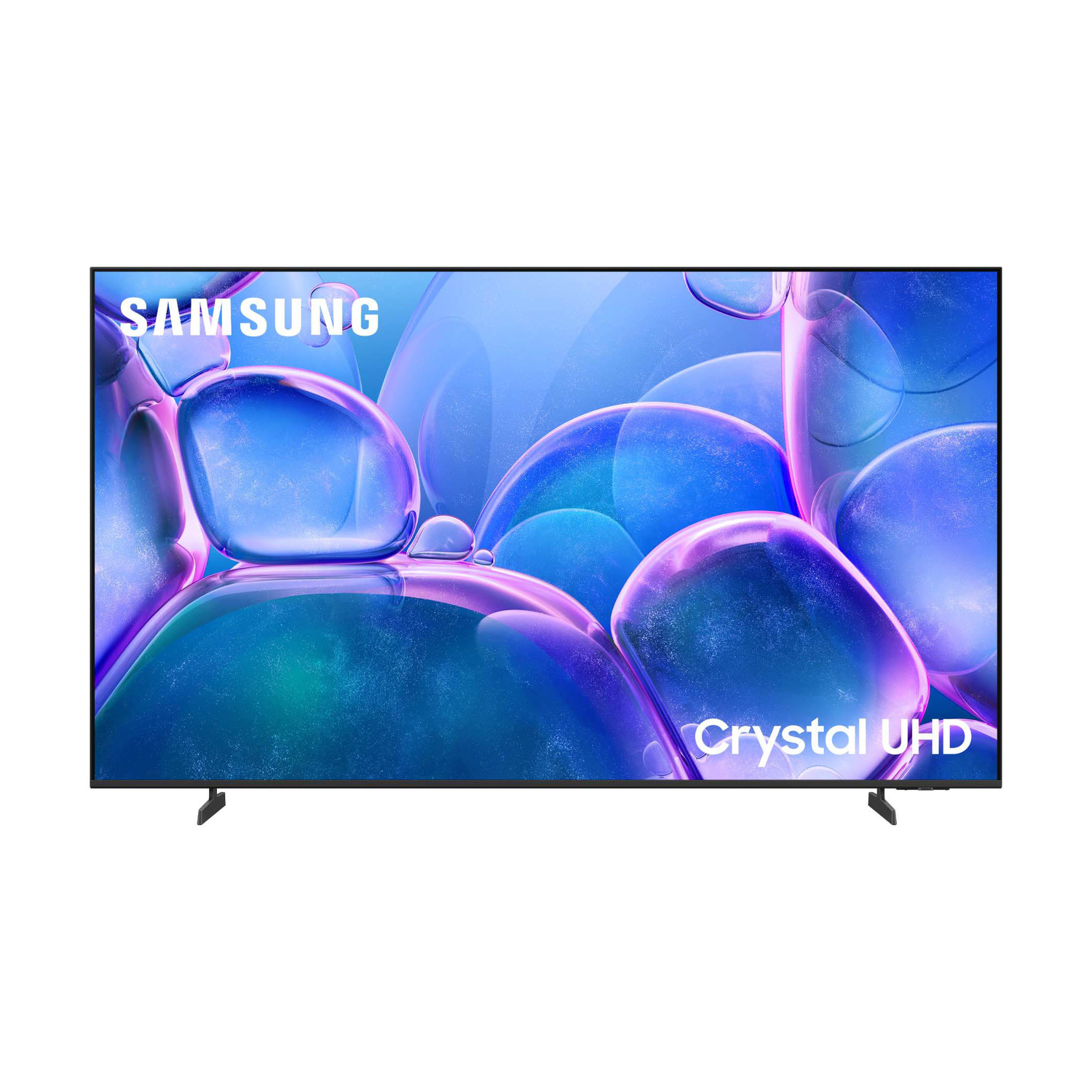 TV Samsung Crystal UHD con sfondo blu simile a bolle.