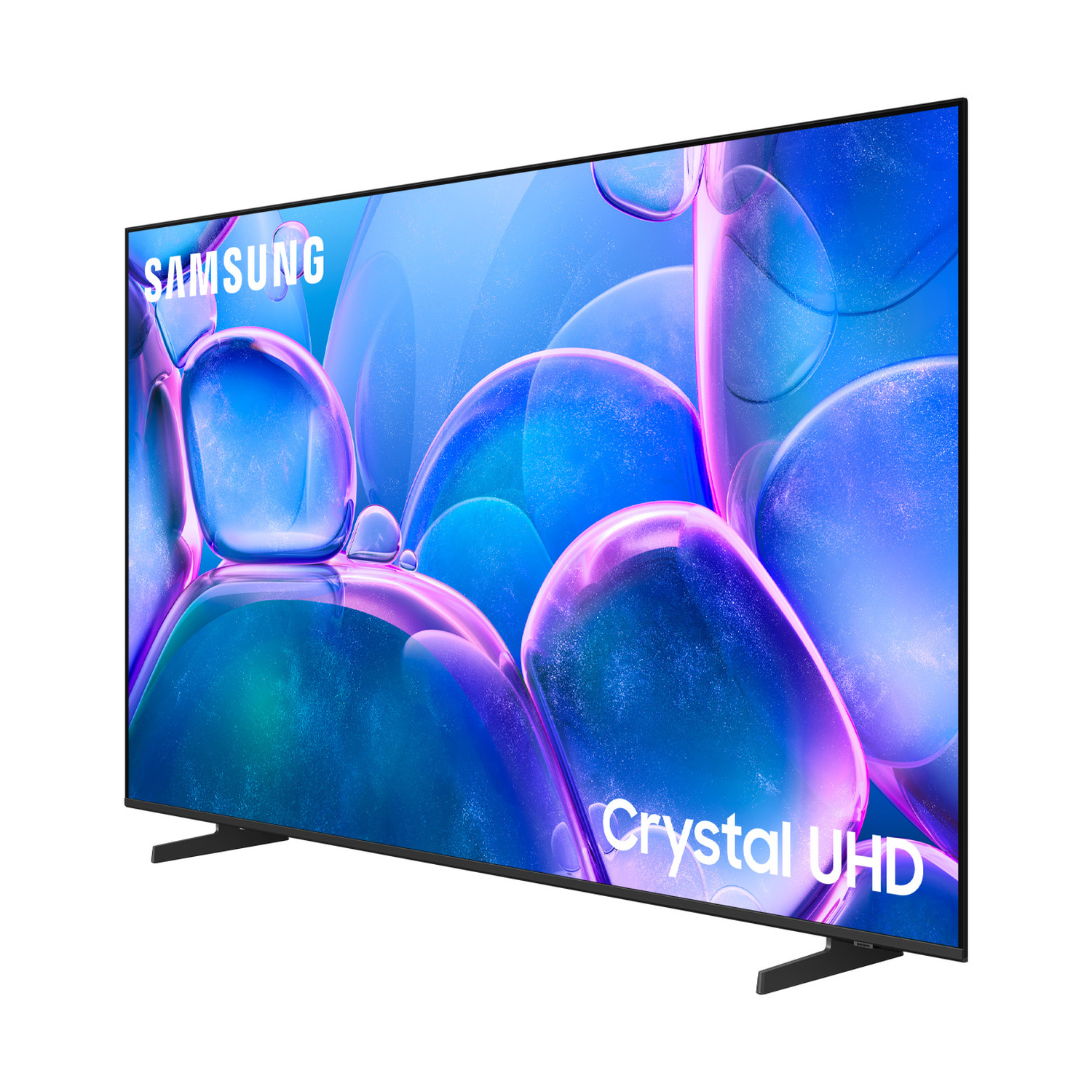 Una TV Samsung Crystal UHD con uno sfondo astratto a bolle blu e viola.