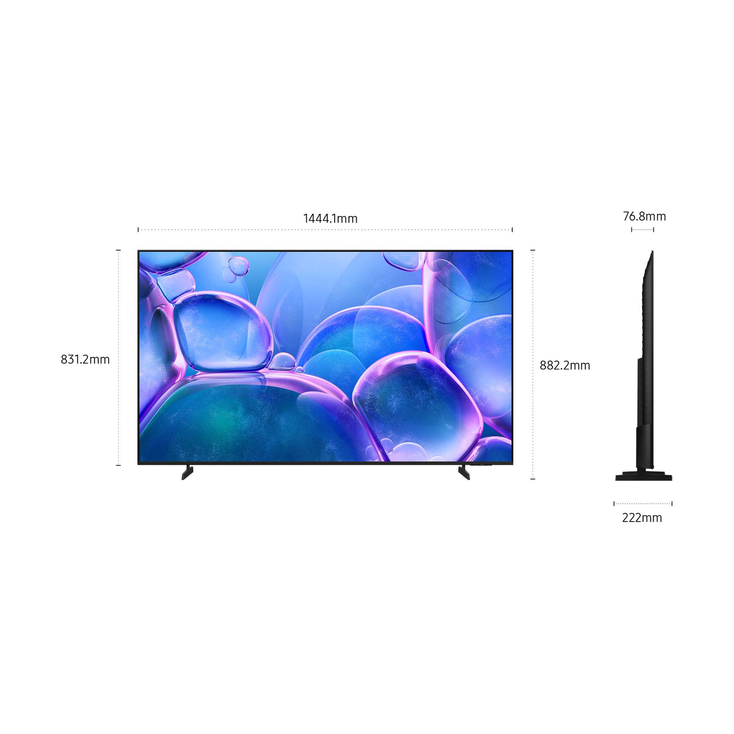 Dimensioni TV: 1444,1 mm largh., 831,2 mm alt., 76,8 mm prof., 882,2 mm alt. base.