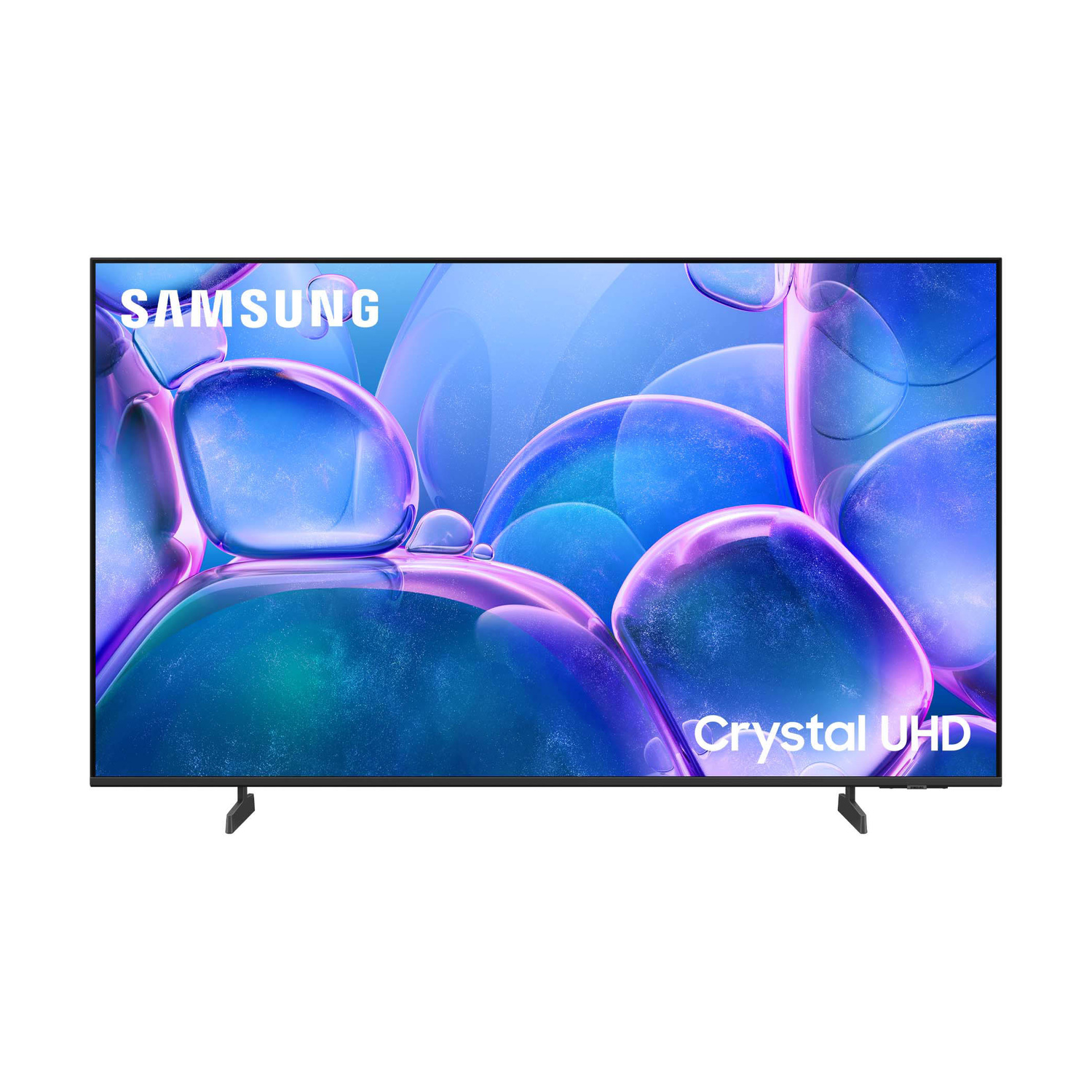 TV Samsung Crystal UHD con sfondo astratto colorato di bolle blu e viola.