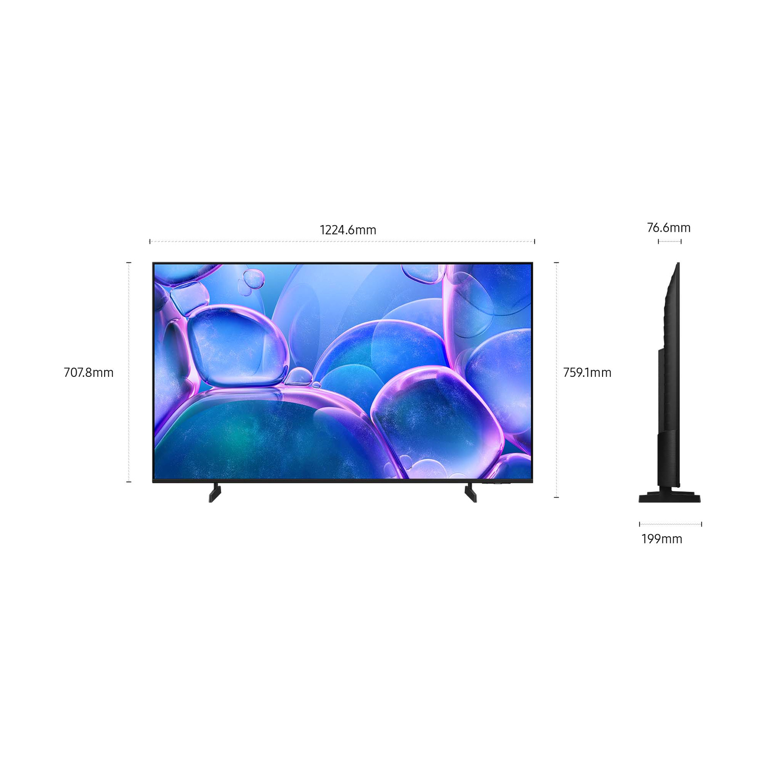 Una TV moderna con bolle blu e viola sullo schermo, con dimensioni mostrate.
