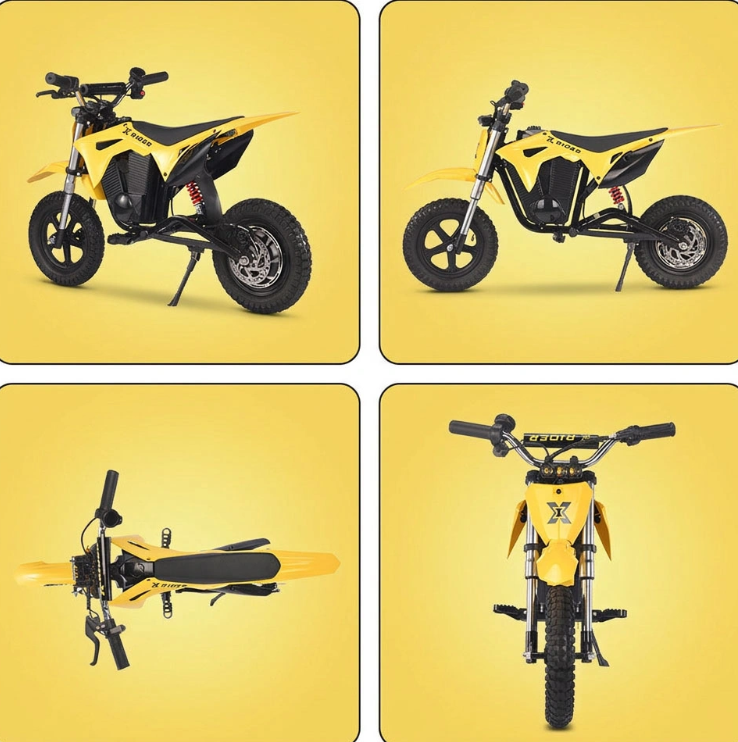 Żółty motocykl elektryczny pokazany z boku, z przodu, od góry i z tyłu.
