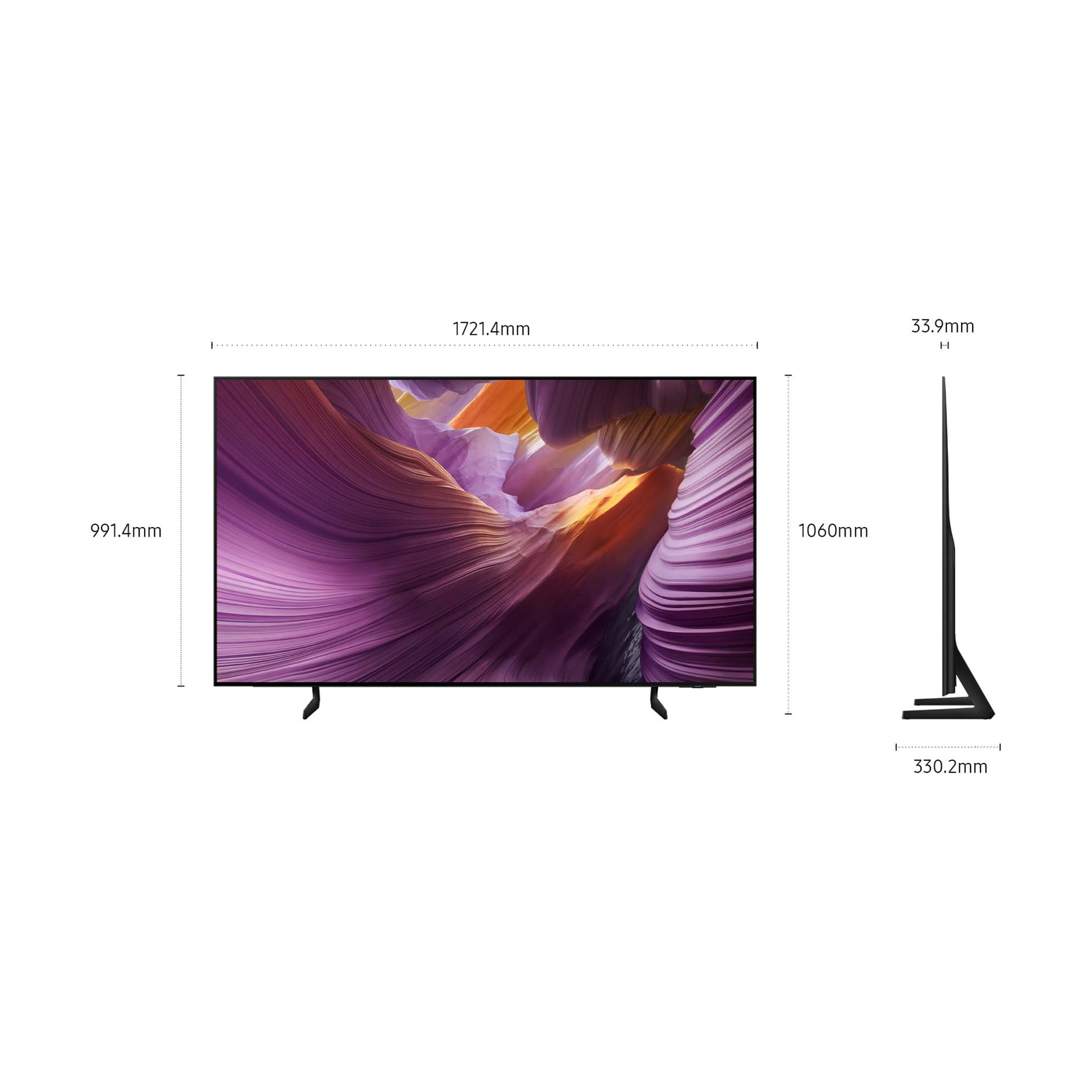 Un grande televisore che visualizza un paesaggio surreale, con dimensioni indicate.