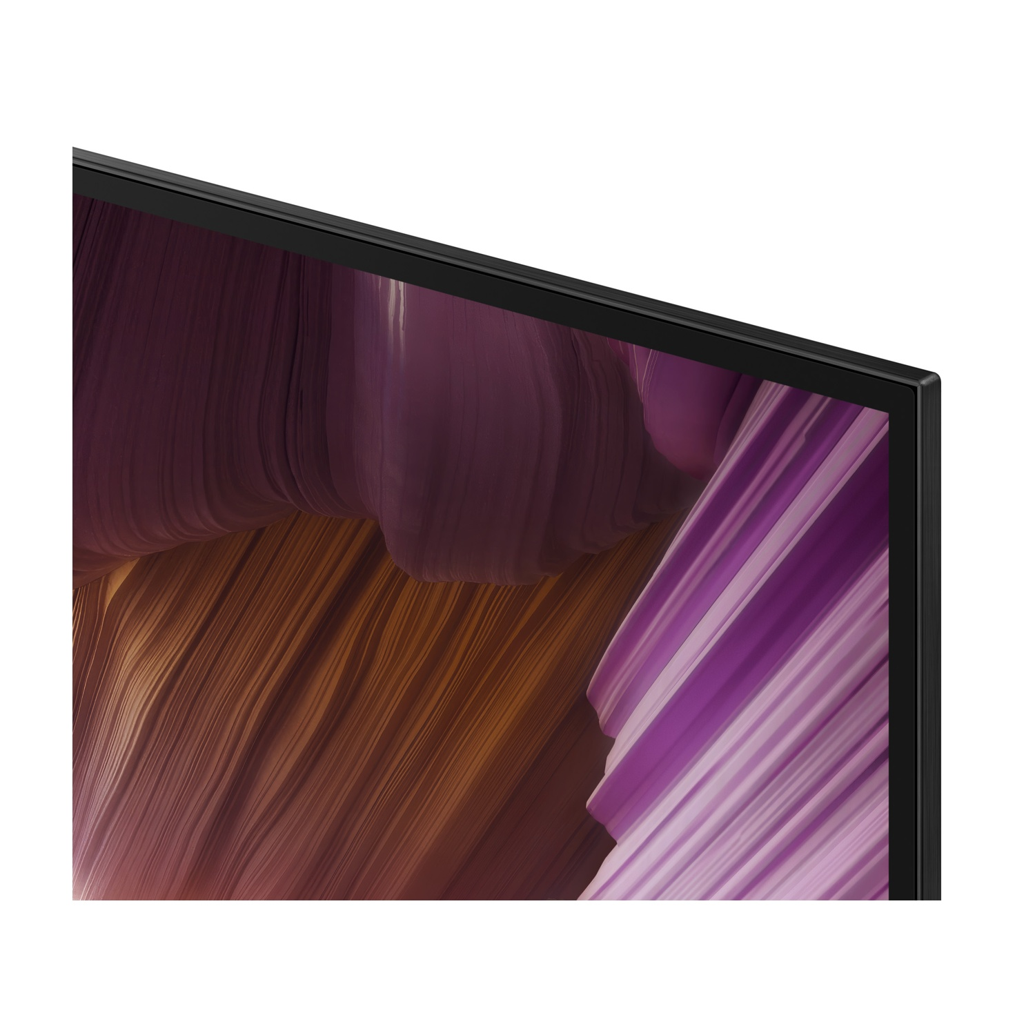 Primo piano di una cornice TV nera con sfondo astratto marrone e viola.