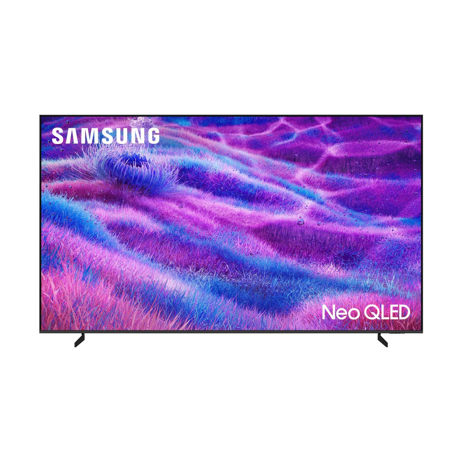 TV Samsung Neo QLED con sfondo d'erba viola e blu. Minimalista.