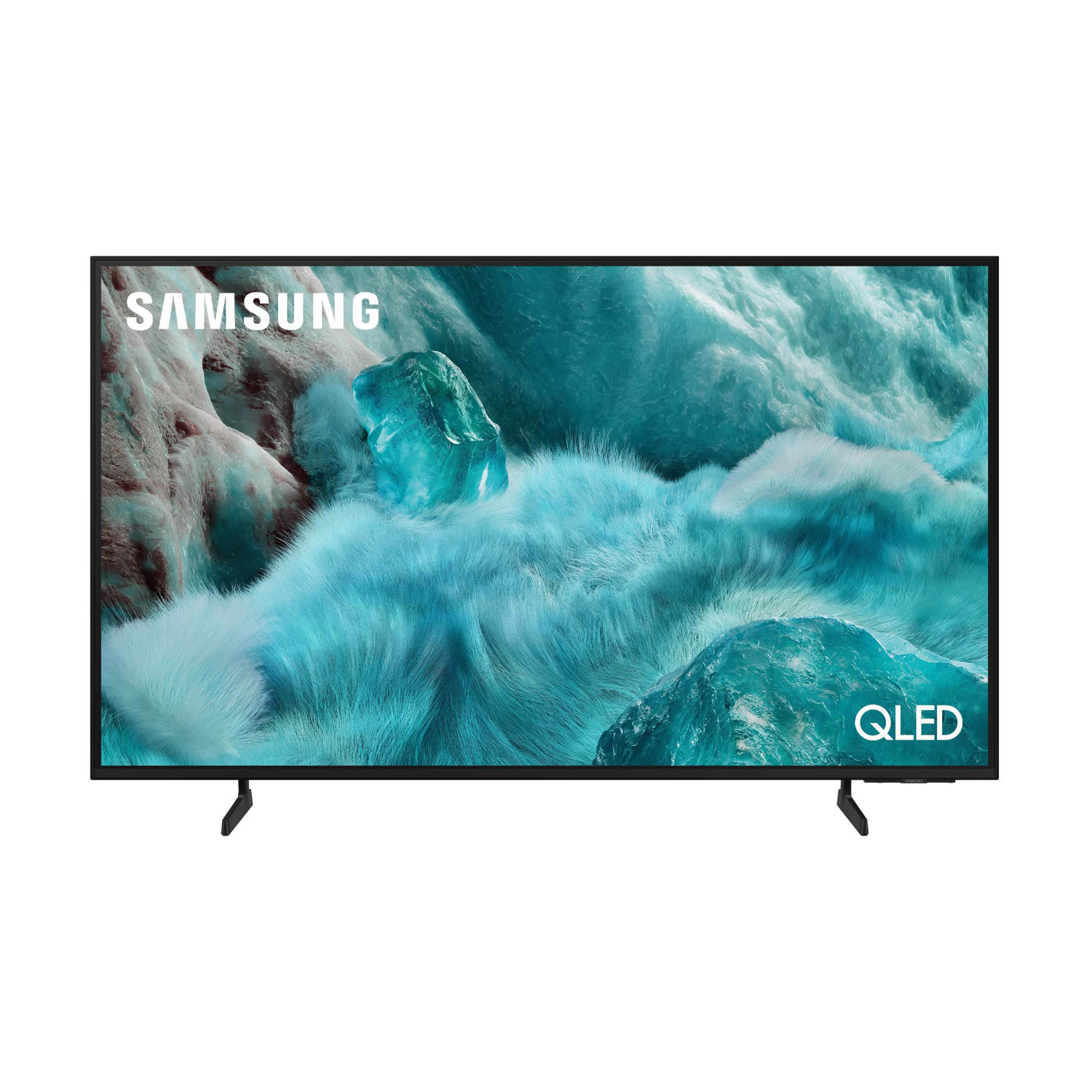 TV Samsung QLED che mostra un paesaggio astratto ghiacciato blu e bianco con formazioni cristalline.