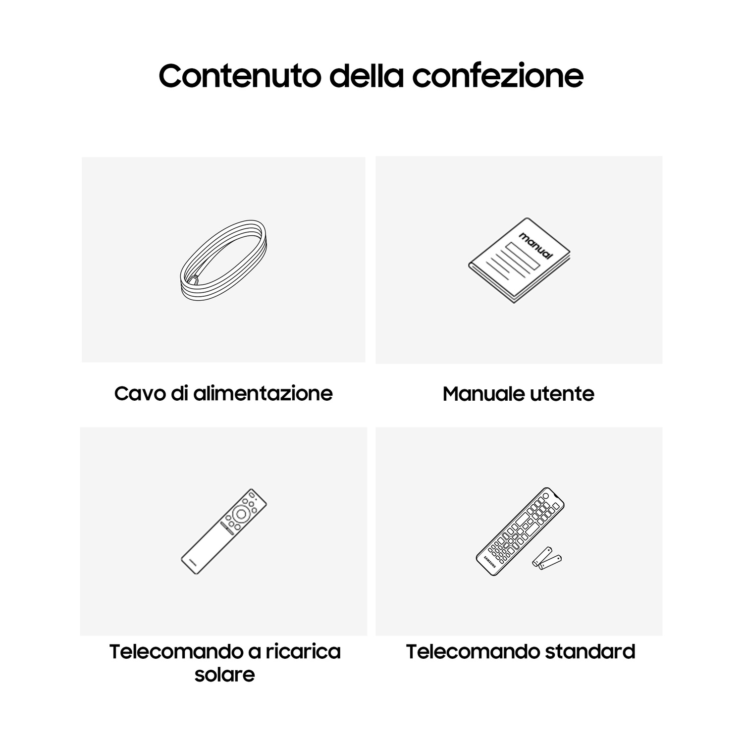 Contenuto della confezione: Cavo di alimentazione, manuale utente, telecomando solare, telecomando standard.