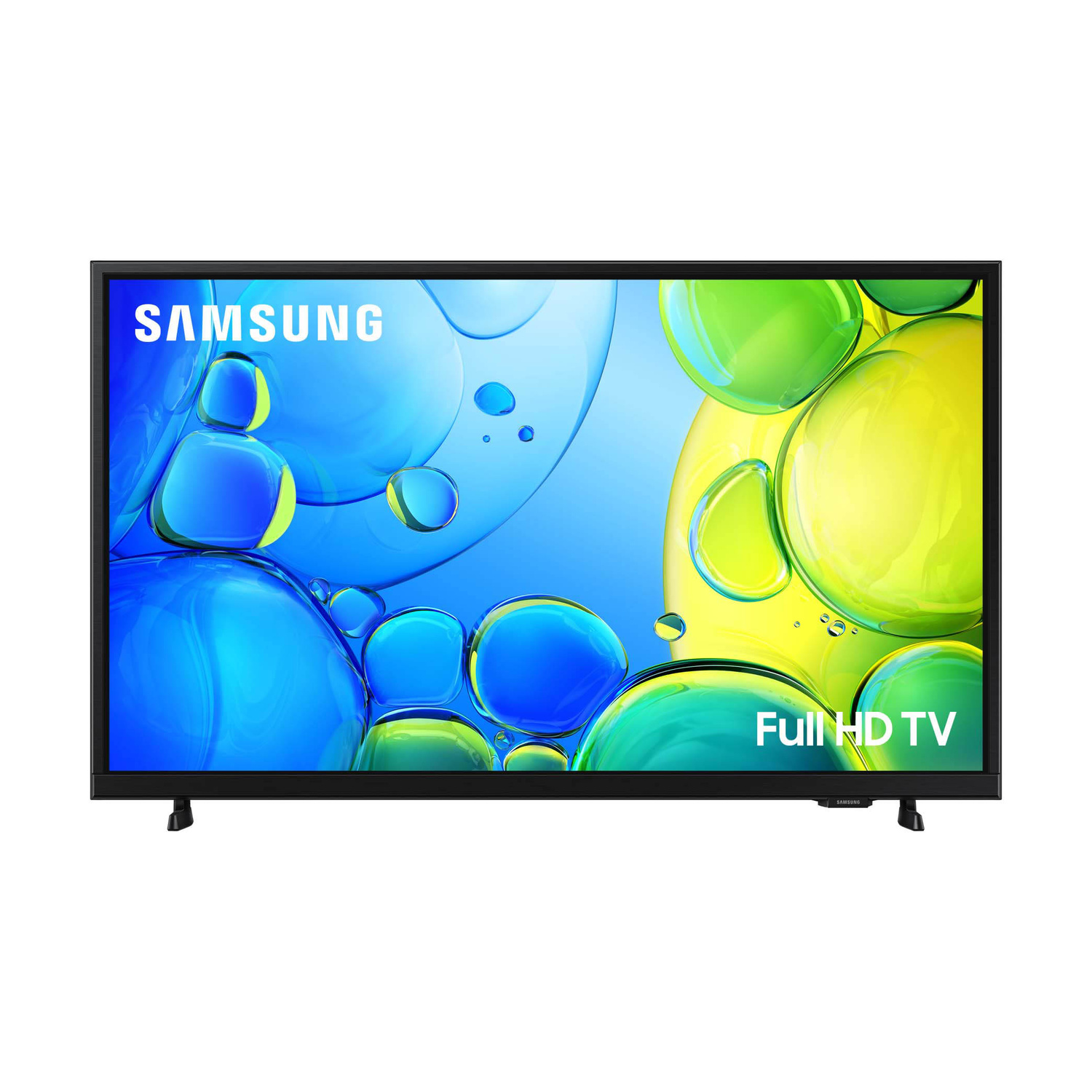 Una TV Samsung Full HD con uno sfondo astratto di bolle colorate.