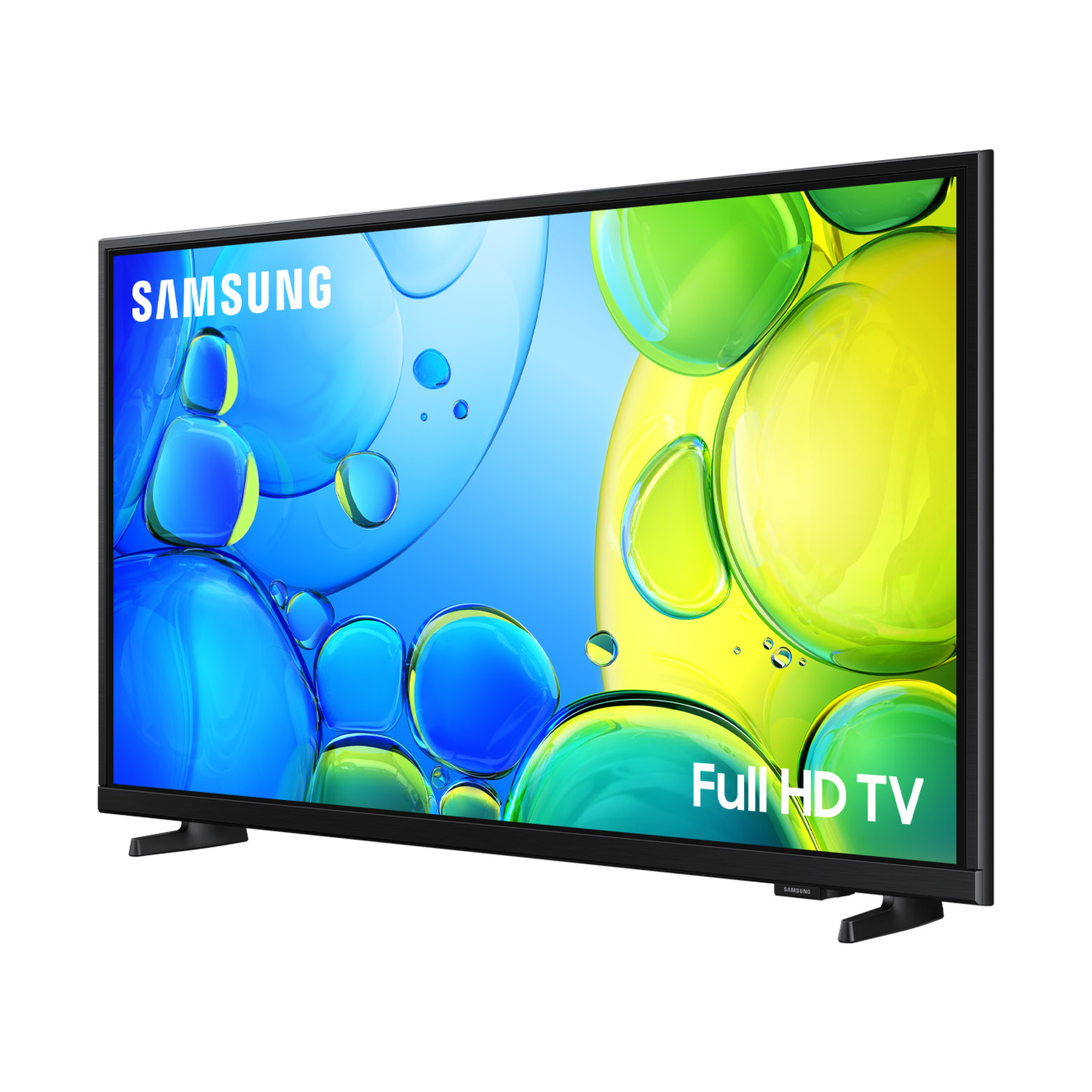 TV Samsung Full HD con sfondo astratto di bolle blu e gialle.