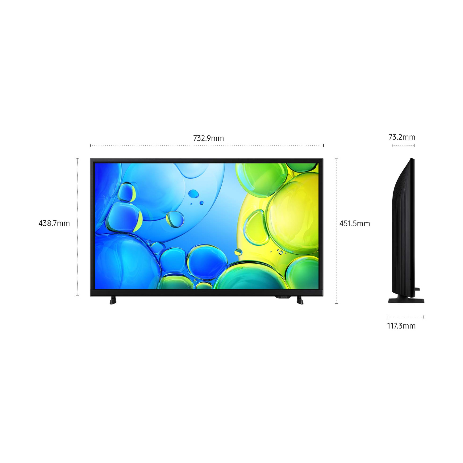 Uno schermo TV nero piatto mostra bolle blu e verdi, con dimensioni indicate.