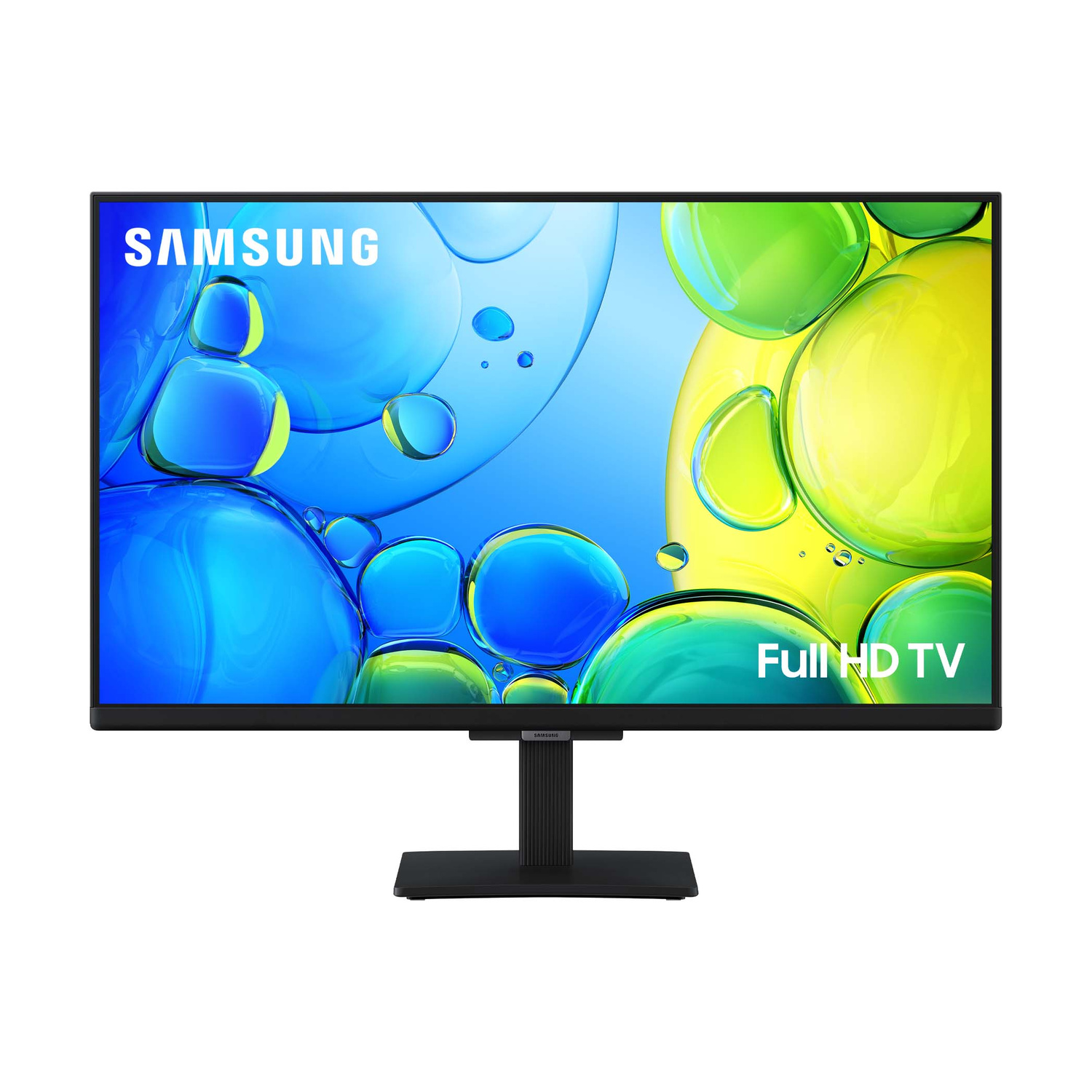 Una TV Samsung Full HD con supporto nero, con bolle colorate sullo schermo.