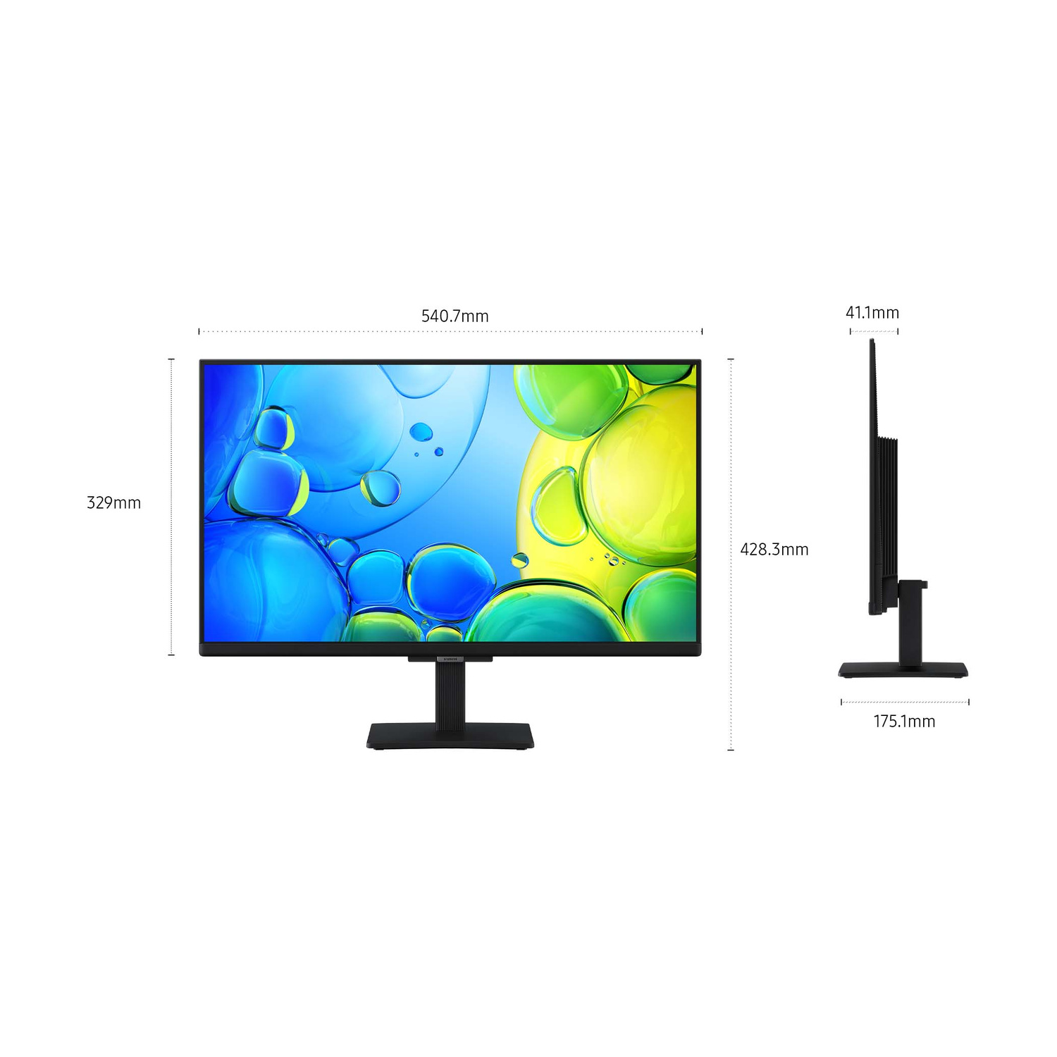Un monitor che mostra le dimensioni: larghezza 540,7mm, altezza 329mm, profondità 41,1mm.