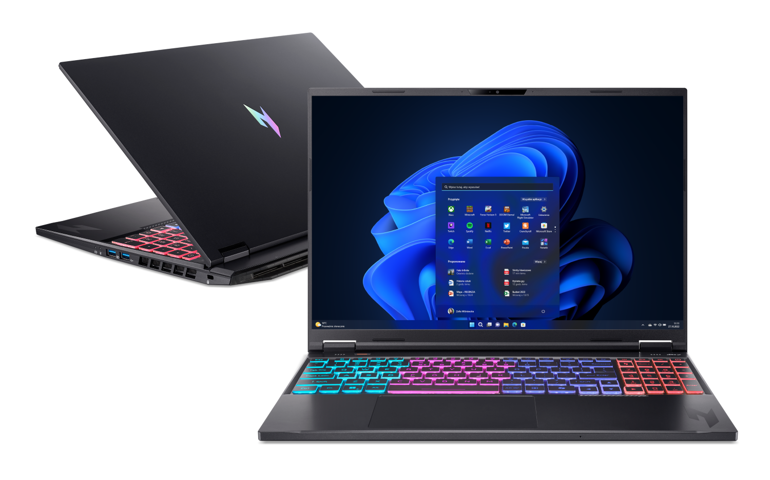 Czarny laptop z podświetlaną klawiaturą RGB wyświetlający system Windows 11.