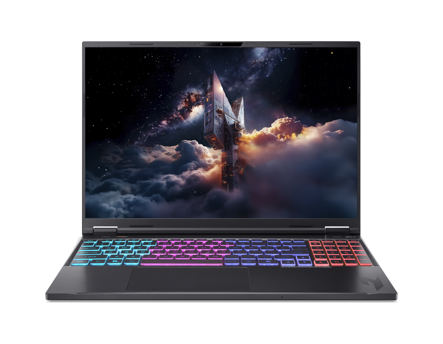 Otwarty laptop z kosmiczną sceną, chmurami i futurystycznym budynkiem na ekranie. Klawiatura świeci.