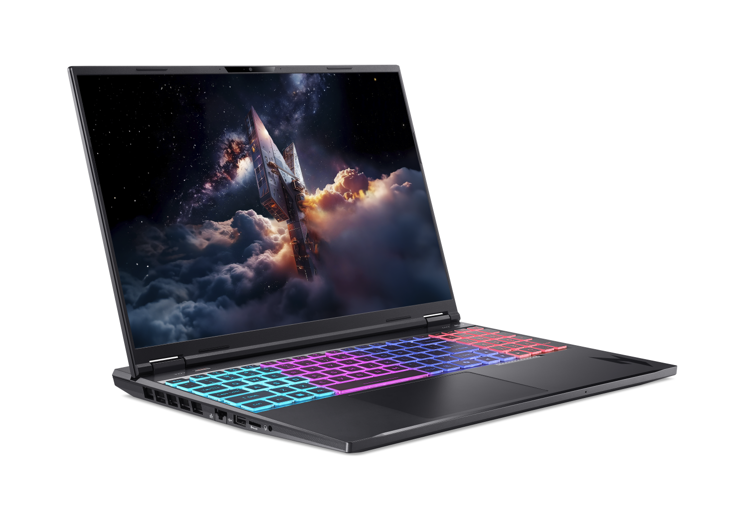 Laptop wyświetla statek kosmiczny w chmurach na tle gwiaździstego nieba. Klawiatura świeci różem i błękitem.