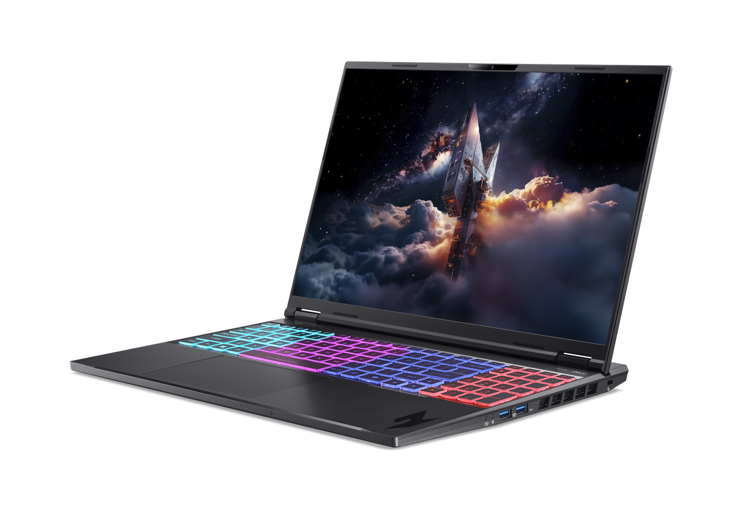 Otwarty laptop z podświetlaną klawiaturą i tapetą o tematyce kosmicznej.