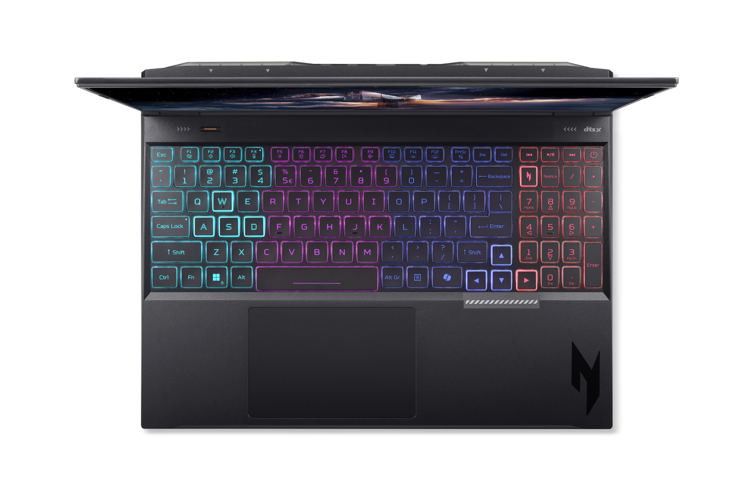 Widok z góry czarnego laptopa gamingowego z personalizowanym podświetleniem klawiatury RGB.