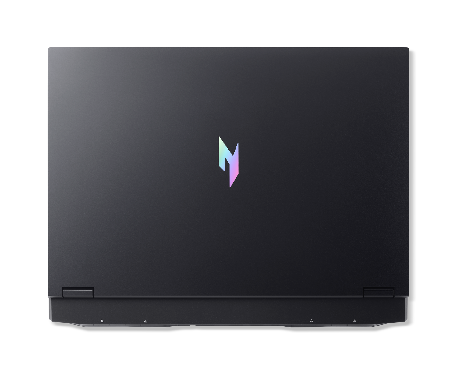 Zamknięty czarny laptop z podświetlanym logo na pokrywie.