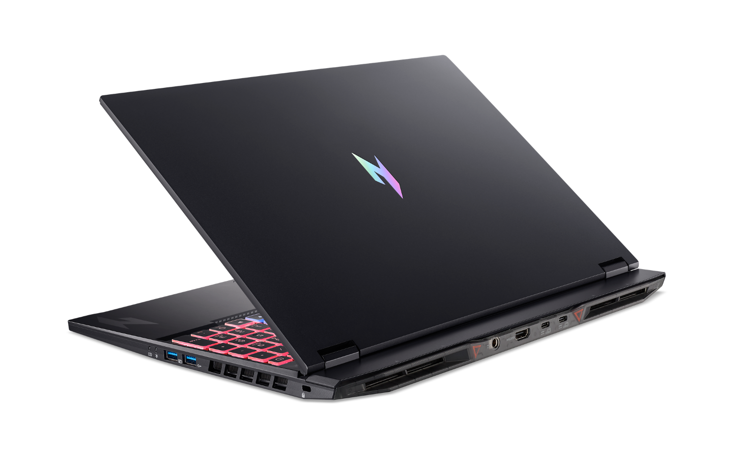 Czarny laptop z podświetlaną czerwoną klawiaturą i logo na pokrywie.