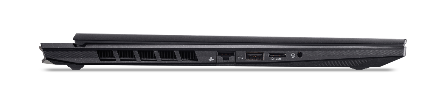Bok czarnego laptopa z otworami wentylacyjnymi, portami USB, MicroSD i słuchawkowymi.