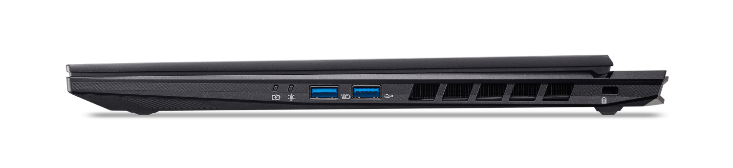 Lewa strona czarnego laptopa z portami USB i otworami wentylacyjnymi.