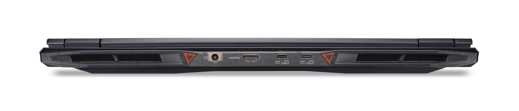Tył czarnego laptopa z portami HDMI, USB i zasilania.